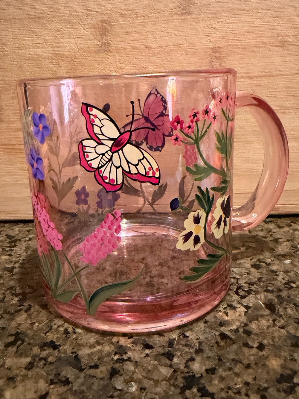 Large Floral Butterfly Pink Glass Mug - unbranded